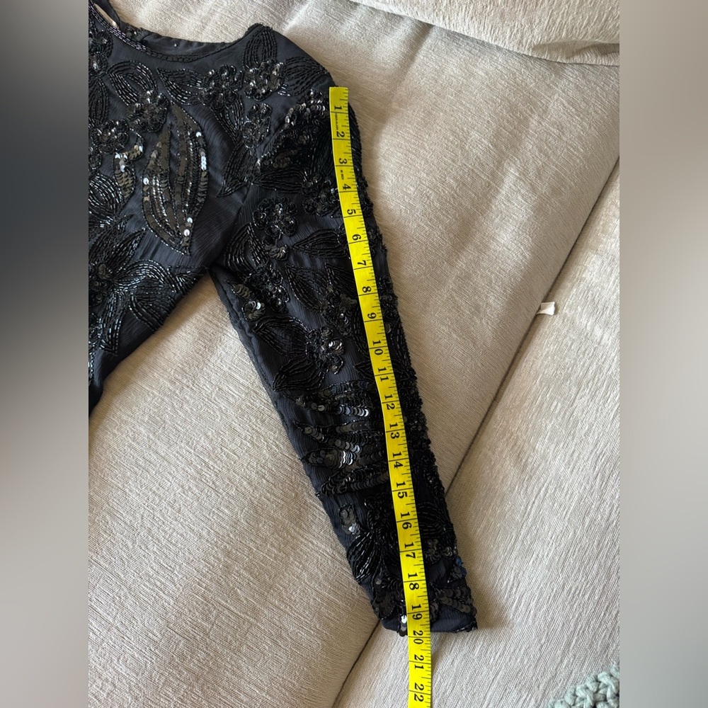 SWEEL O Vintage Black Beaded Sequin Cocktail Dress Long Sleeve Art Deco Midi - Picture 12 of 12